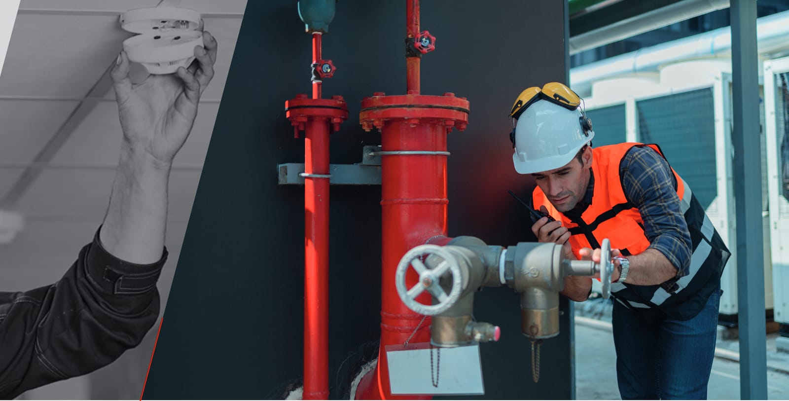 Technician testing fire protection equipment